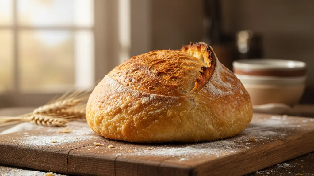 A high-quality, slow-motion video loop of flour dusting a loaf or a high-res photo of a perfect loaf.